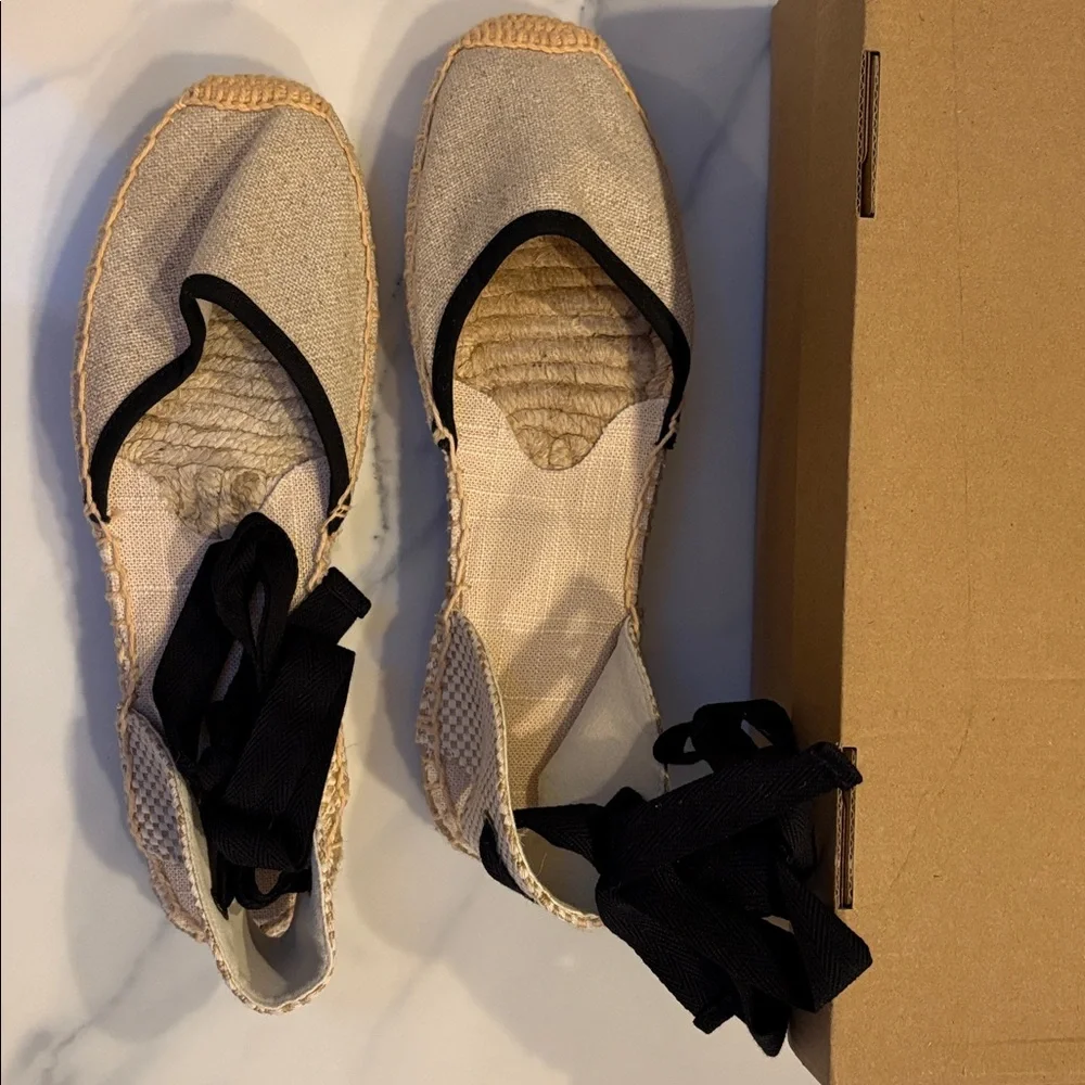 Women's Beige Espadrille Flats with Black Accents
